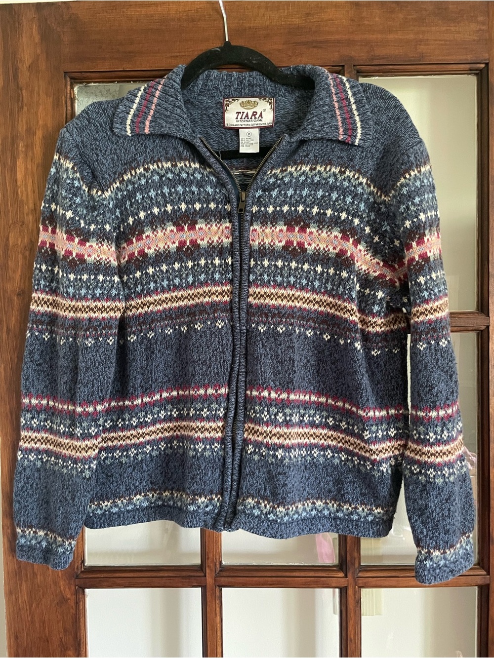 Tiara Navy Fair Isle Zip Cardigan with Red & Cream Stripes